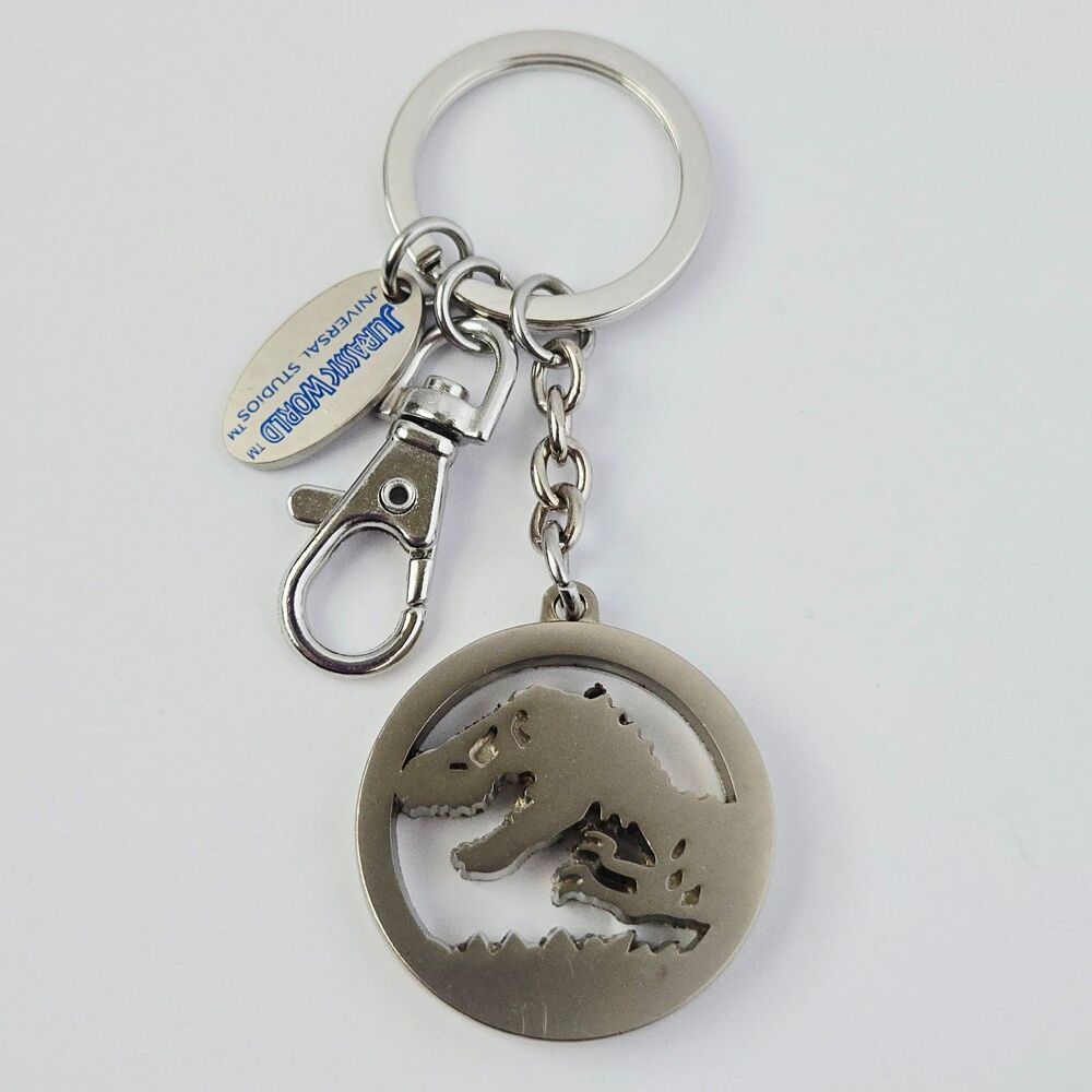 Universal Studios Jurassic World Park Keychain T-Rex Logo Silver Brushed Metal